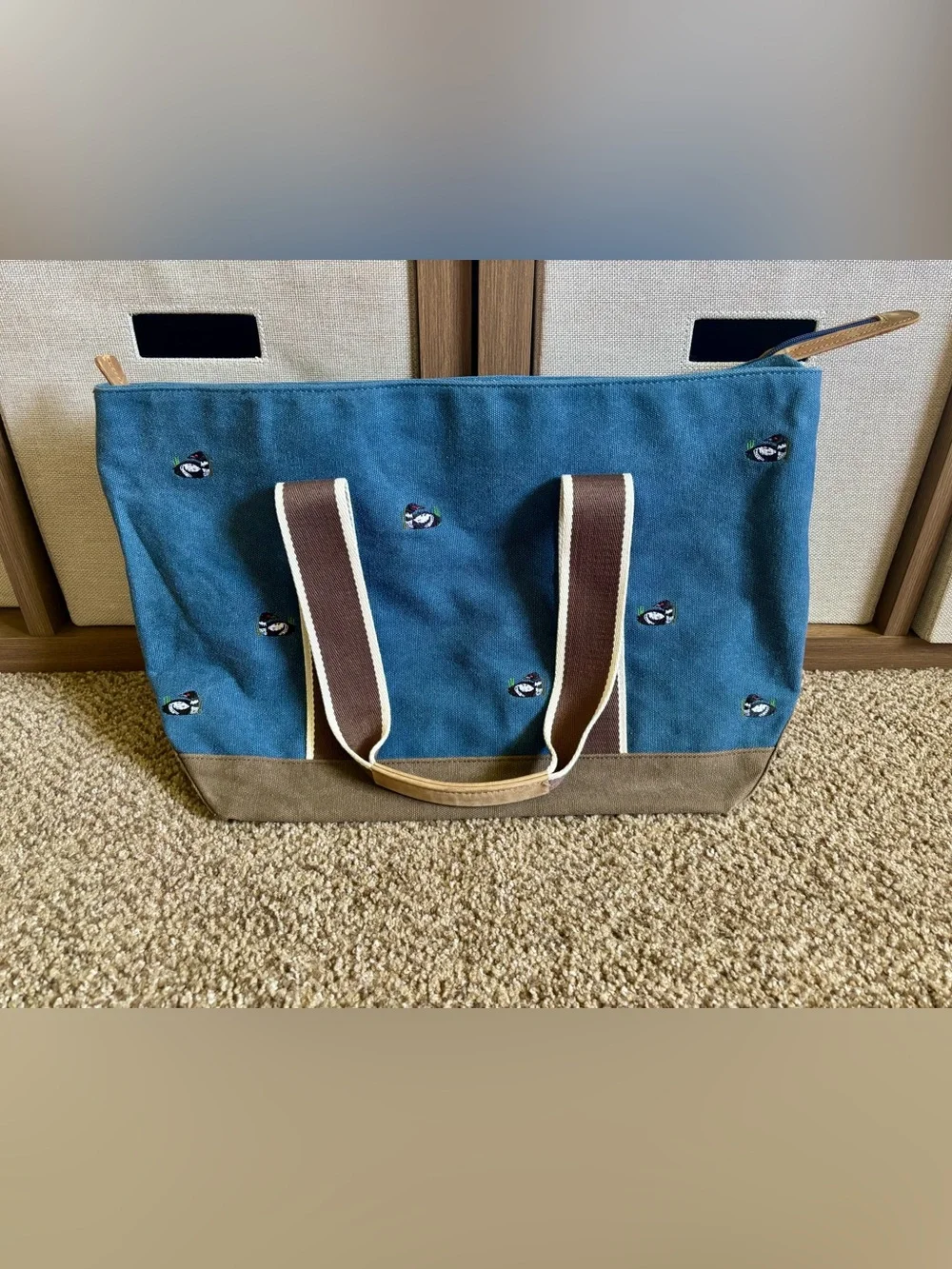 Vintage L.L. Bean Boat & Loon Canva Tote Bag Brown Trim and Bird Duck Embroidery